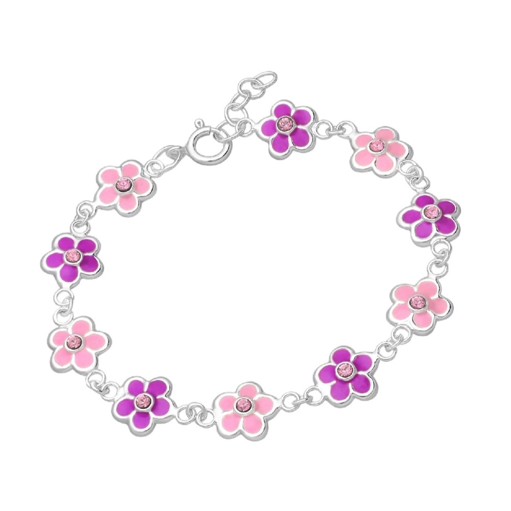 925 Sterling Silver Enamel Flower Bracelet with Crystal – Last One
